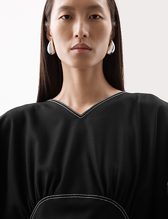 Wool Blend V-Neck Midaxi Waisted Dress