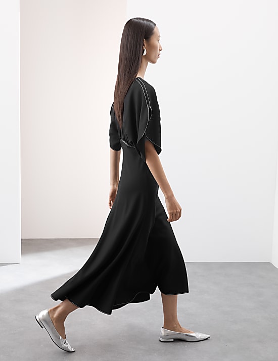 Wool Blend V-Neck Midaxi Waisted Dress