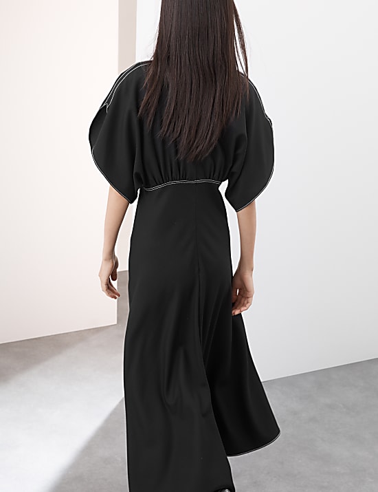 Wool Blend V-Neck Midaxi Waisted Dress