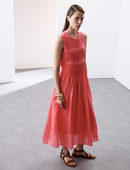 Pure Ramie Round Neck Pintuck Midi Shirred Dress