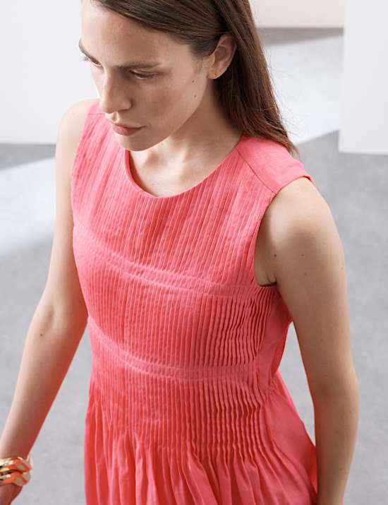 Pure Ramie Round Neck Pintuck Midi Shirred Dress