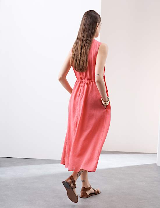 Pure Ramie Round Neck Pintuck Midi Shirred Dress