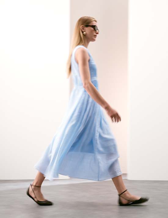 Pure Ramie Round Neck Pintuck Midi Shirred Dress