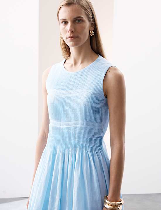 Pure Ramie Round Neck Pintuck Midi Shirred Dress