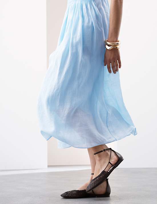 Pure Ramie Round Neck Pintuck Midi Shirred Dress