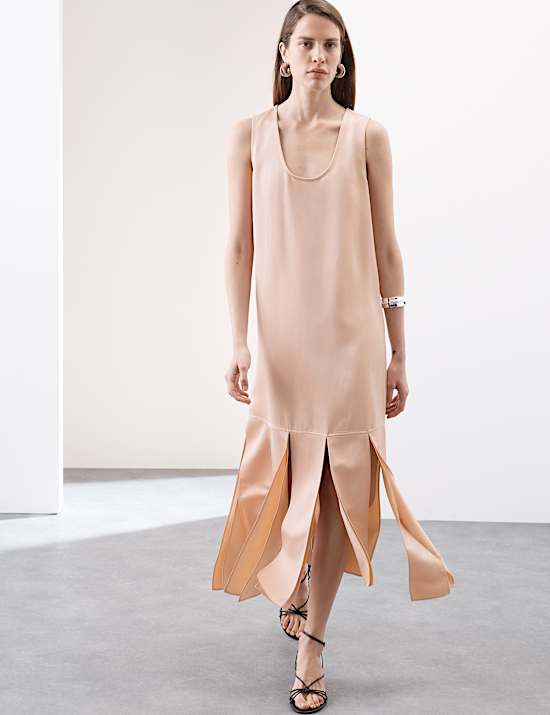 Satin Scoop Neck Tassel Midi Dress