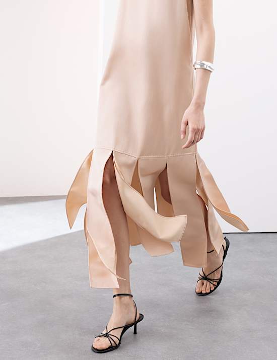 Satin Scoop Neck Tassel Midi Dress