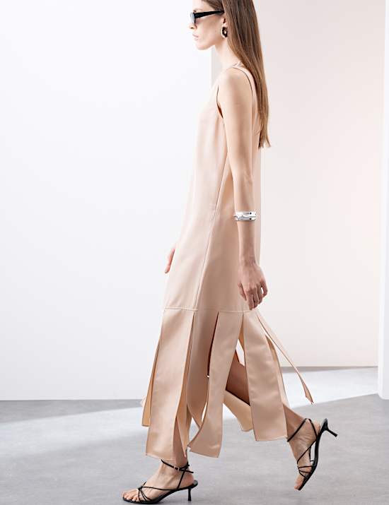 Satin Scoop Neck Tassel Midi Dress