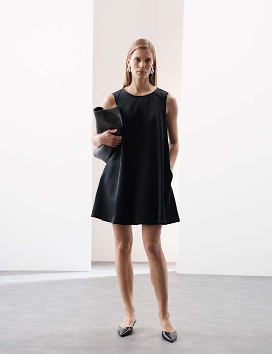 Satin Round Neck Mini Shift Dress