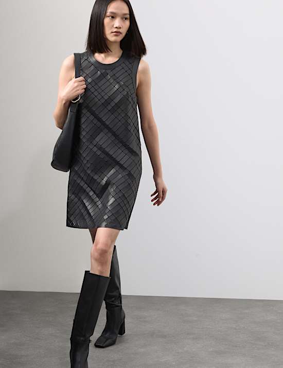 Leather Cutwork Detail Mini Shift Dress