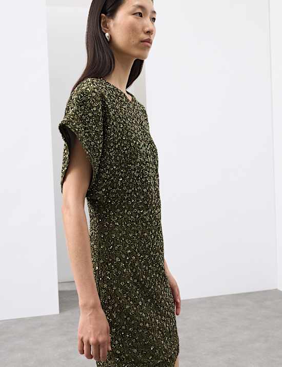 Beaded V-Neck Mini Fitted Shift Dress