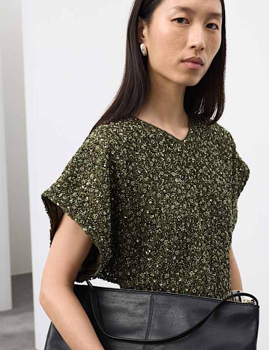 Beaded V-Neck Mini Fitted Shift Dress