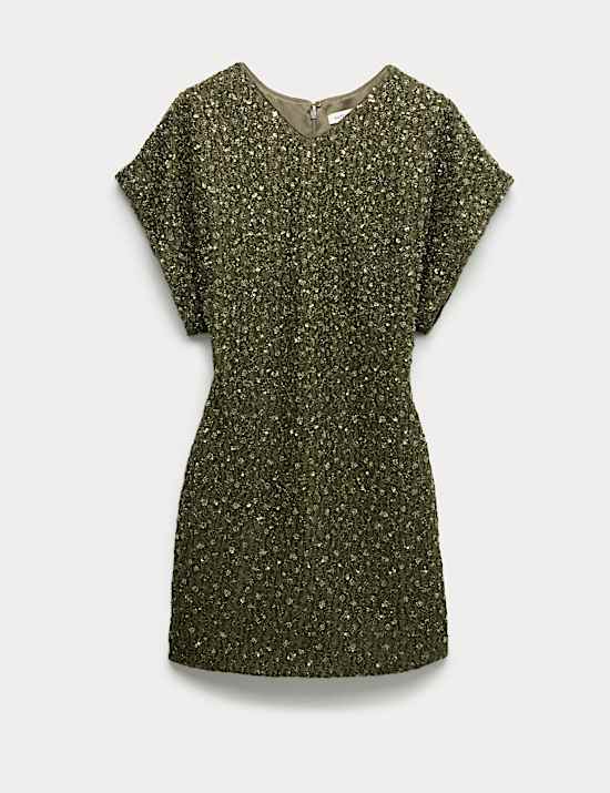 Beaded V-Neck Mini Fitted Shift Dress