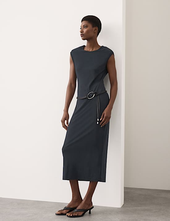 Ribbed Jersey Shoulder Pad Midaxi Dress