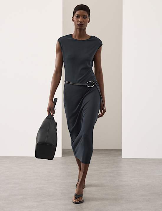 Ribbed Jersey Shoulder Pad Midaxi Dress