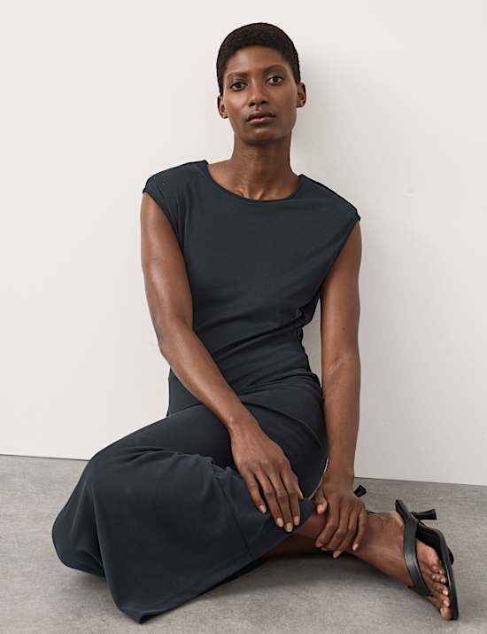 Ribbed Jersey Shoulder Pad Midaxi Dress
