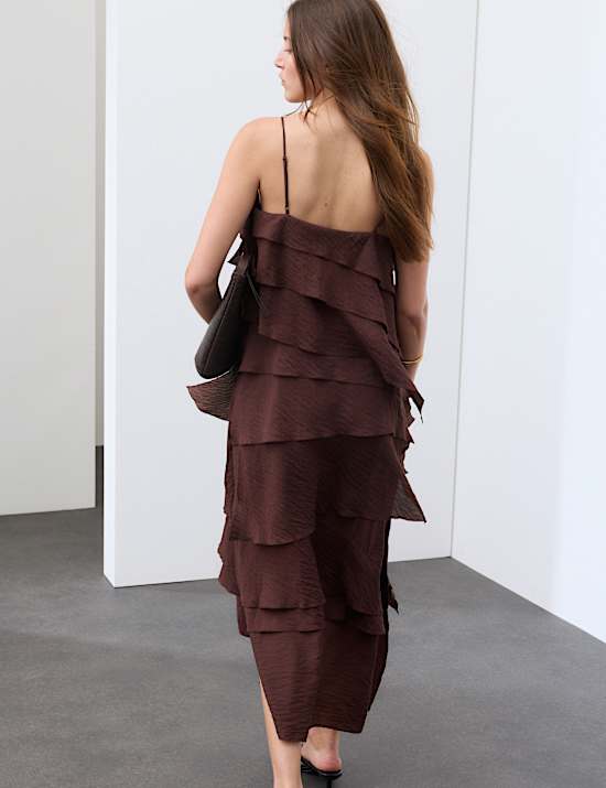 Textured V-Neck Ruffle Maxi Cami Dress
