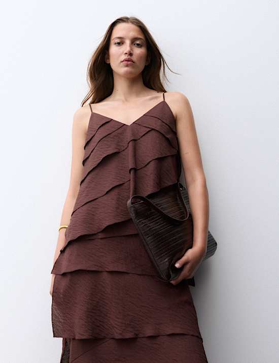 Textured V-Neck Ruffle Maxi Cami Dress