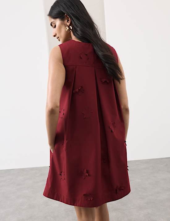 Cotton Blend Floral Cutwork Detail Dress