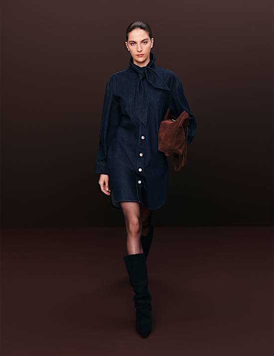 Denim Tie Neck Mini Shirt Dress