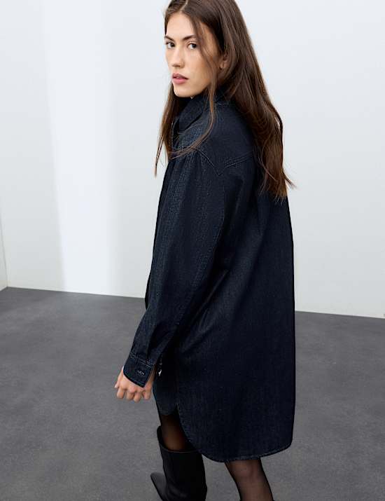 Denim Tie Neck Mini Shirt Dress