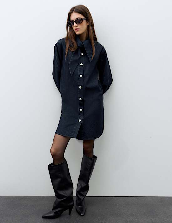 Denim Tie Neck Mini Shirt Dress