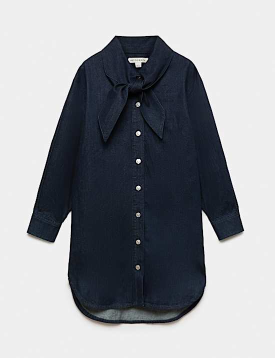 Denim Tie Neck Mini Shirt Dress