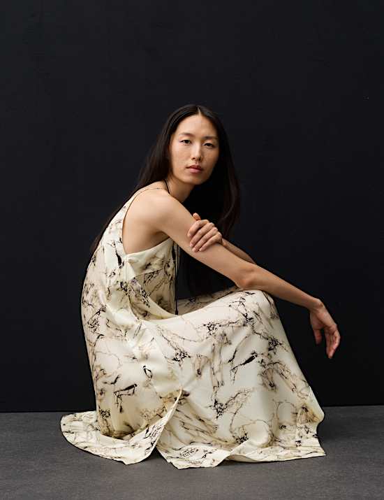 Cupro Rich Printed Asymmetric Midi Slip Dress