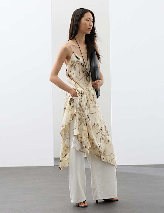 Cupro Rich Printed Asymmetric Midi Slip Dress