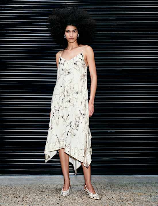 Cupro Rich Printed Asymmetric Midi Slip Dress