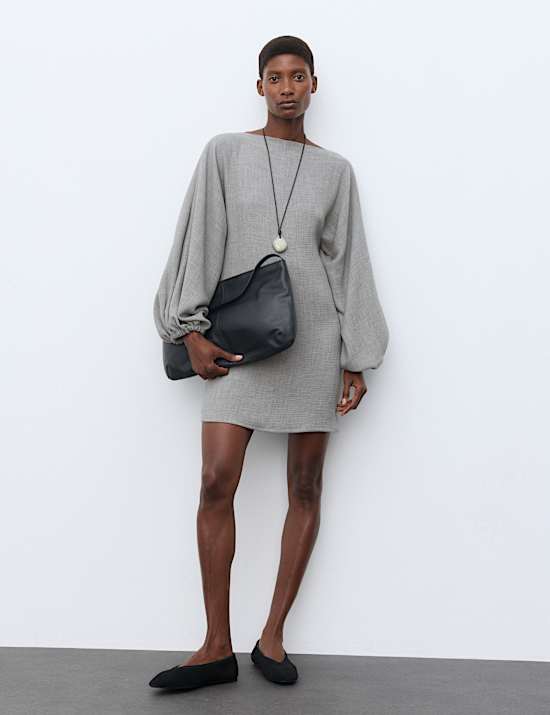 Textured Blouson Sleeve Mini Shift Dress