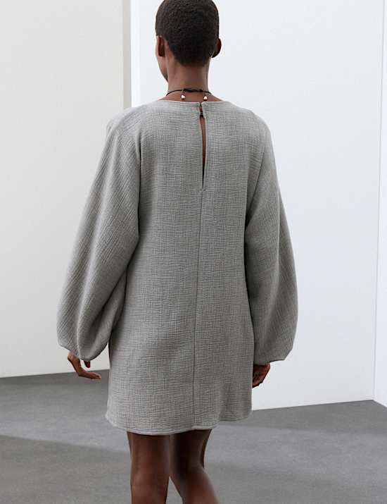 Textured Blouson Sleeve Mini Shift Dress