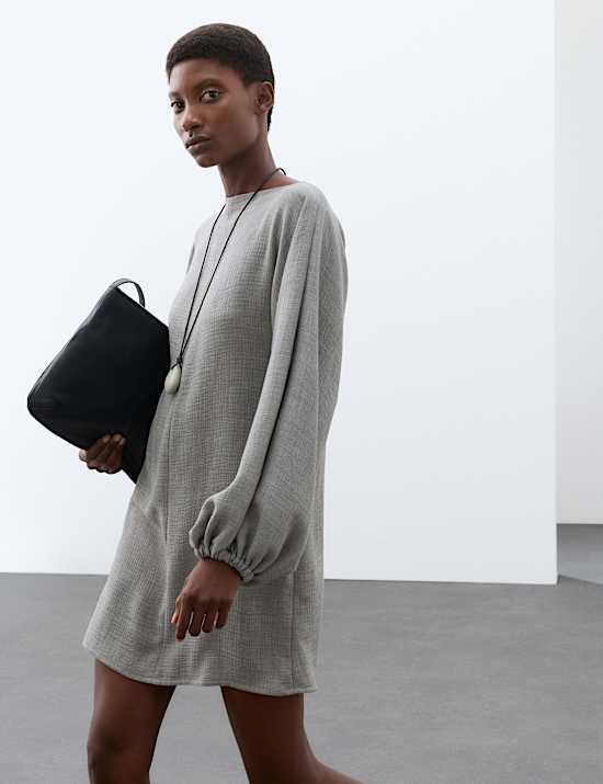 Textured Blouson Sleeve Mini Shift Dress