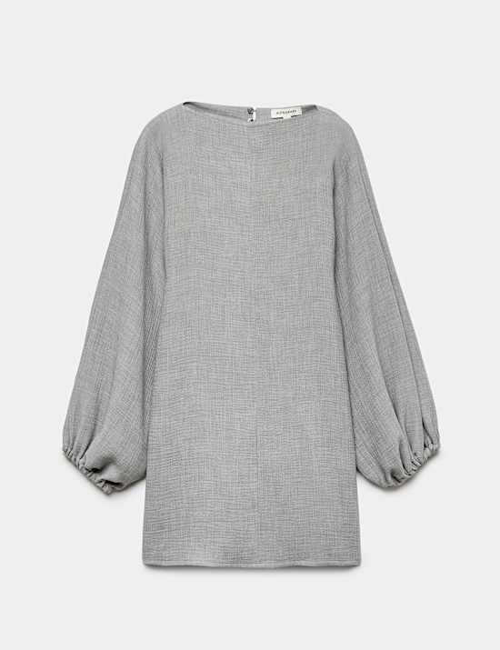 Textured Blouson Sleeve Mini Shift Dress