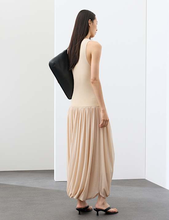 Knitted Scoop Neck Draped Maxi Drop Waist Dress
