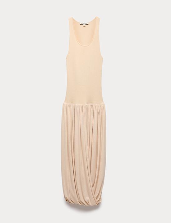 Knitted Scoop Neck Draped Maxi Drop Waist Dress