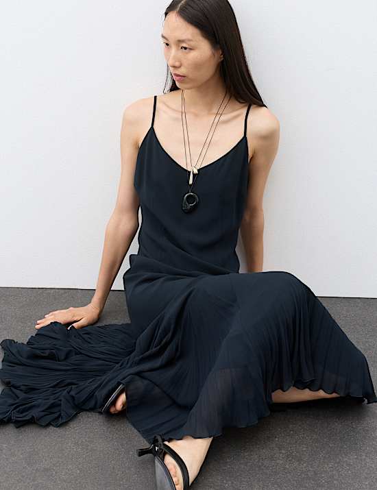 V-Neck Pleat Detail Maxi Slip Dress