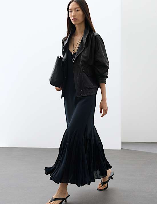 V-Neck Pleat Detail Maxi Slip Dress
