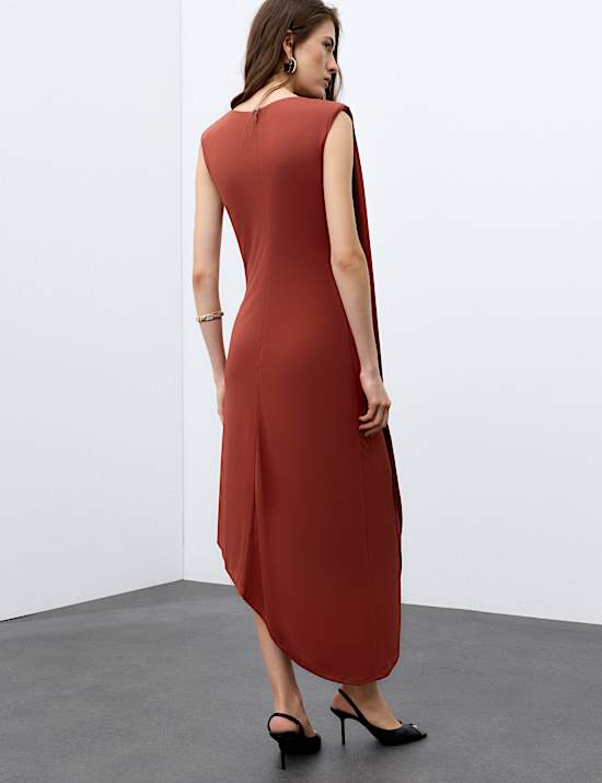 Jersey Round Neck Draped Midi Column Dress