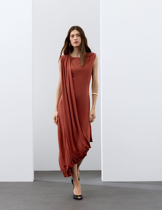 Jersey Round Neck Draped Midi Column Dress
