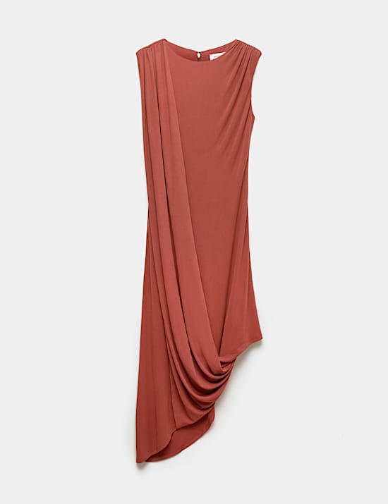 Jersey Round Neck Draped Midi Column Dress