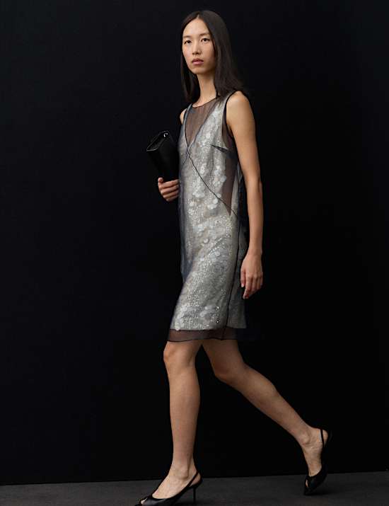 Pure Silk Organza Sequin Overlay Mini Dress