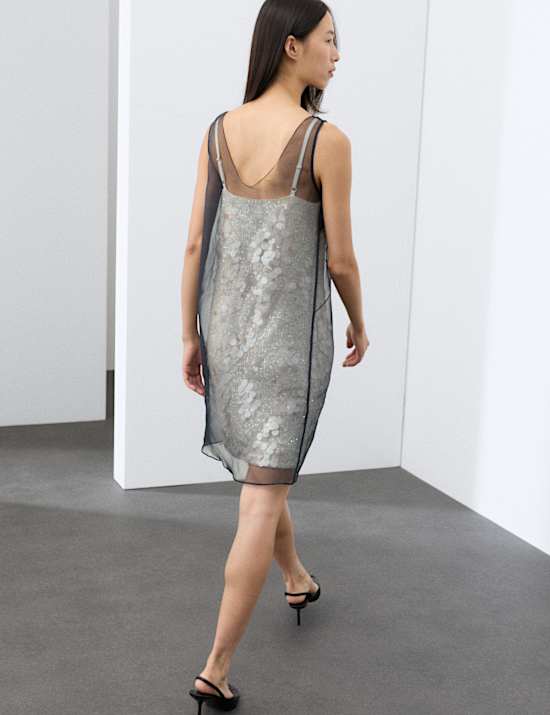 Pure Silk Organza Sequin Overlay Mini Dress