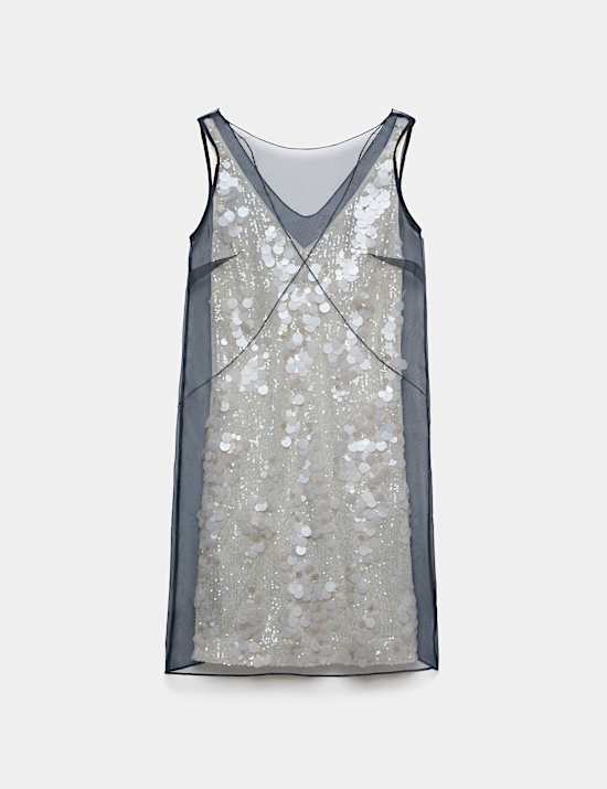 Pure Silk Organza Sequin Overlay Mini Dress