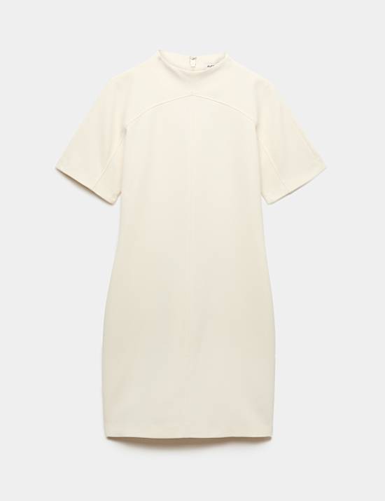 Gaun Mini Berikat Pinggang Leher Tinggi Satin Crepe