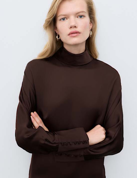 Satin High Neck Button Detail Mini Shift Dress