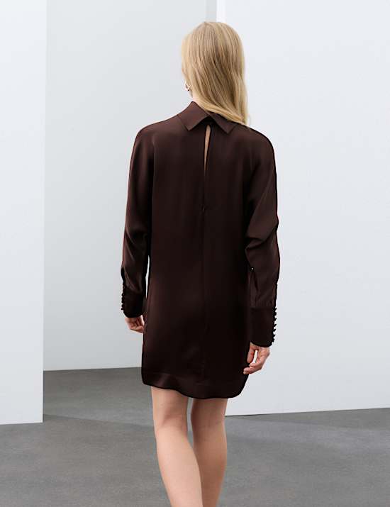 Satin High Neck Button Detail Mini Shift Dress