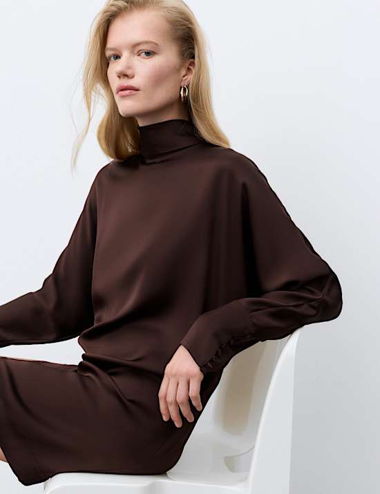 Satin High Neck Button Detail Mini Shift Dress