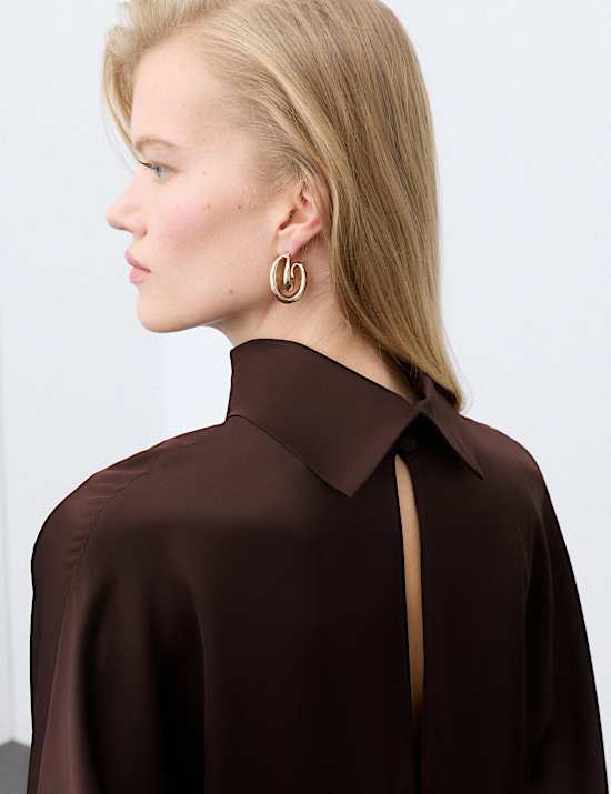 Satin High Neck Button Detail Mini Shift Dress