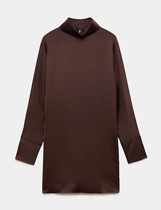 Satin High Neck Button Detail Mini Shift Dress